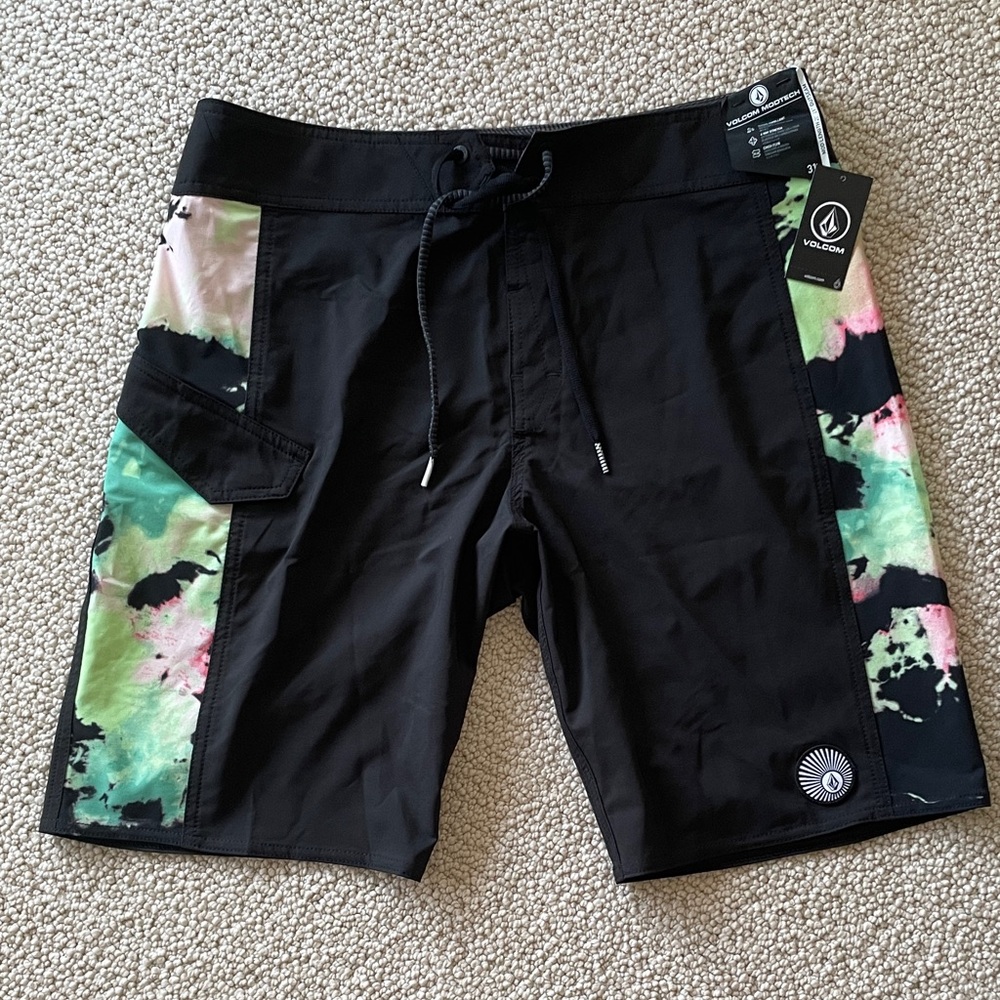 Volcom Black Board Shorts with Tie-Dye Accents